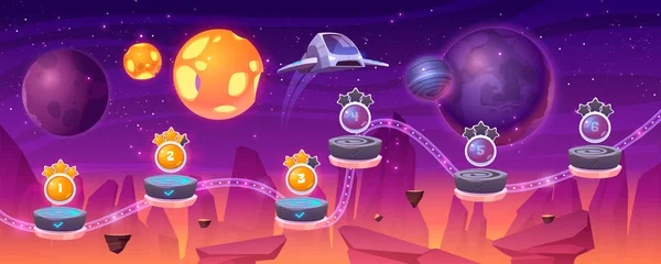 Space Game Level Map Raumschiff und außerirdische Planeten — Stockvektor