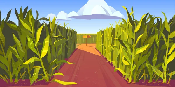 Road on cornfield with fork and direction sign — Stock Vector