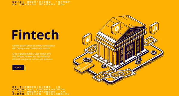 Page de destination isométrique Fintech avec bâtiment bancaire — Image vectorielle