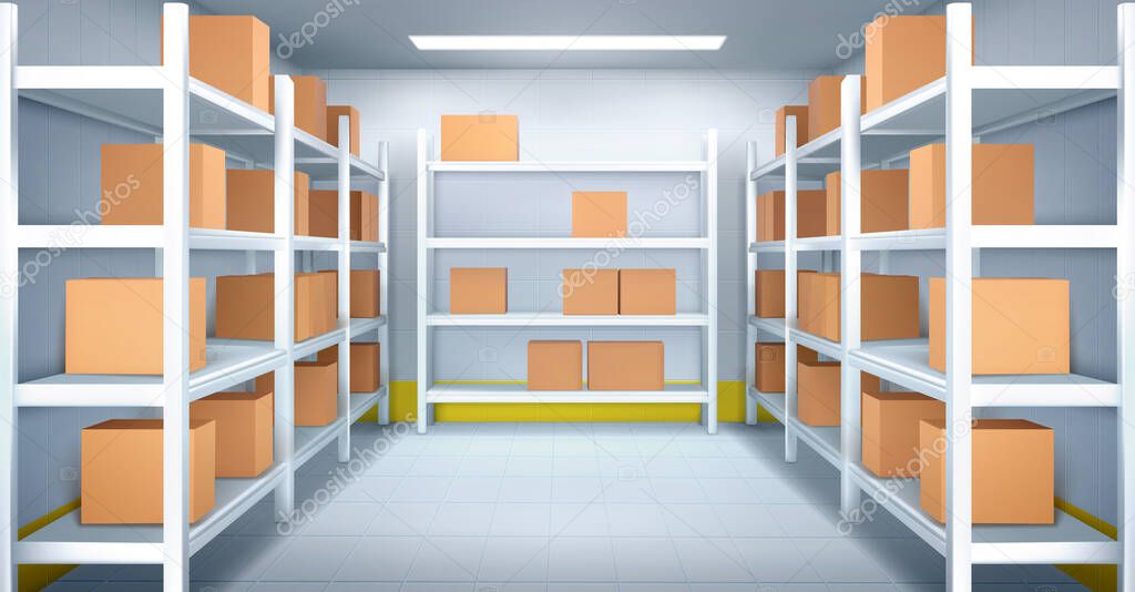 Cold room in warehouse with with boxes racks