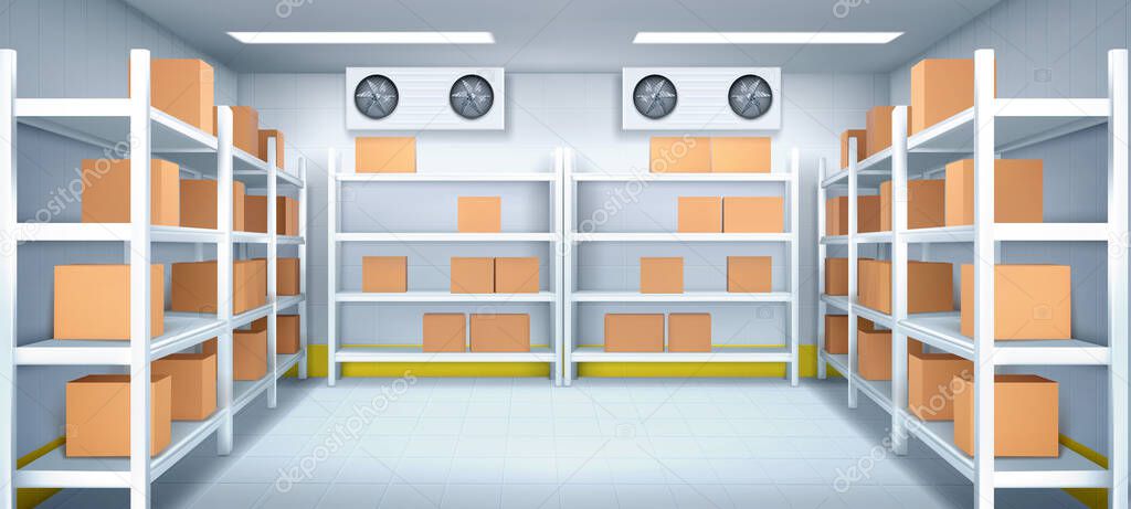 Warehouse interior with carton boxes on racks