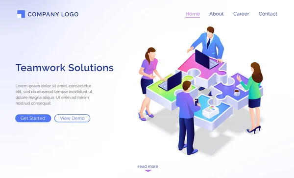 Soluções de trabalho em equipe landing page isométrica, banner — Vetor de Stock