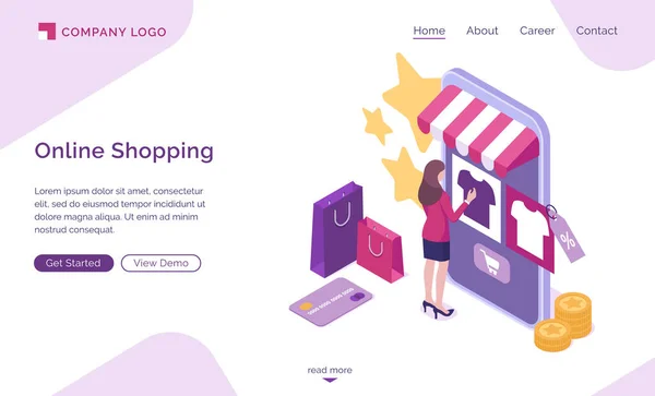 Online shopping isometric landing page, web banner — Stock Vector