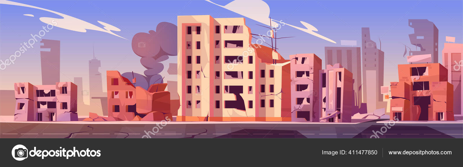 City destroy in war, abandoned buildings, smoke Stock Vector Image by  ©klyaksun #411477850