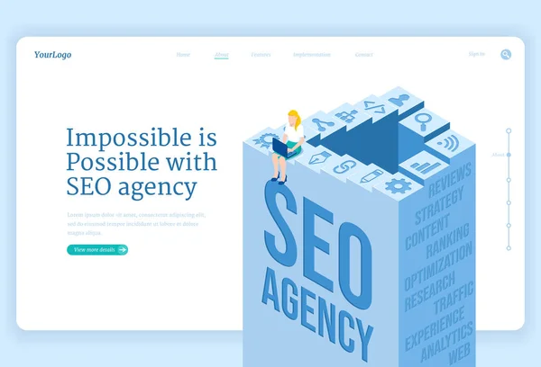 SEO 에이전시 isometric landing page, banner — 스톡 벡터