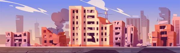 Ville détruite en guerre, bâtiments abandonnés, fumée — Image vectorielle