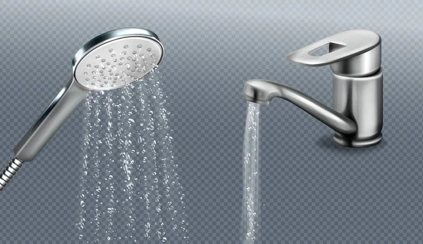Pommeau de douche et robinet en métal avec chute d'eau — Image vectorielle