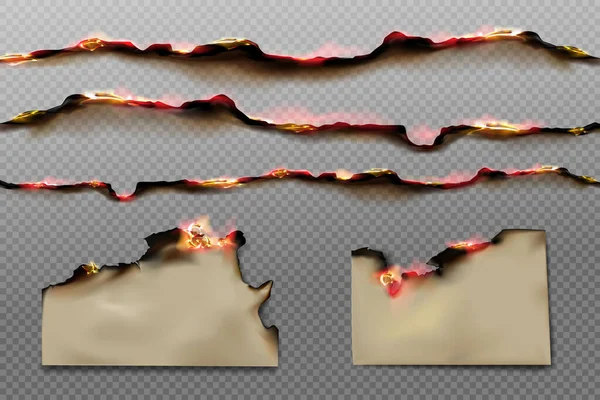 Bords de papier brûlé et feuilles de parchemin avec feu — Image vectorielle