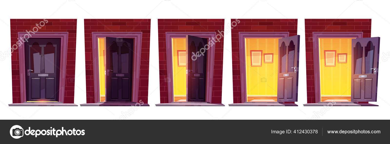 Wooden front doors with stone frame isolated on white background. Vector  cartoon set of house entrance, red, brown and yellow closed doors with  knobs and windows for building facade Stock Vector Image