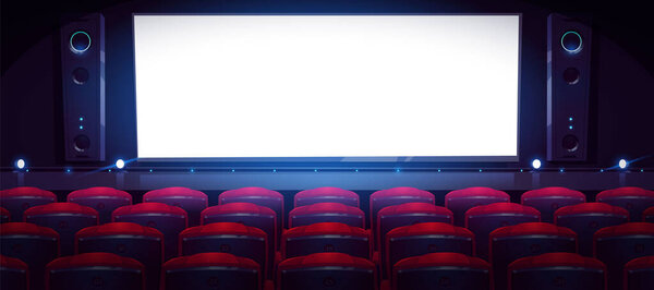 Movie theater, empty cinema hall with white screen