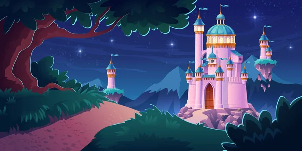 Розовый волшебный замок, дворец принцессы ночью — стоковый вектор