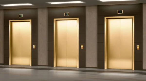 Złota winda z zamkniętymi drzwiami w korytarzu — Wektor stockowy