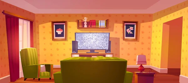 Salón interior con sofá y TV, apartamento — Vector de stock