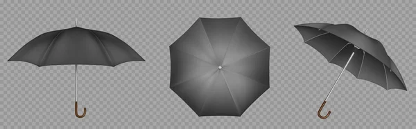 黑色雨伞，阳伞顶部，侧面和前视镜 — 图库矢量图片