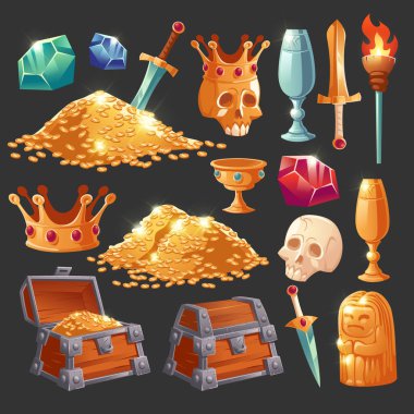 Cartoon treasure chest with golden coins icons set clipart