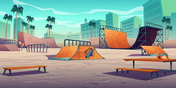 Parque de skate com rampas em cidade tropical —  Vetores de Stock