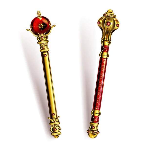 Gouden scepter voor koning of koningin, koninklijke staf. — Stockvector