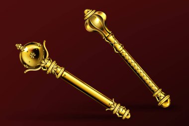 Vector gold royal scepters, king and queen wands clipart