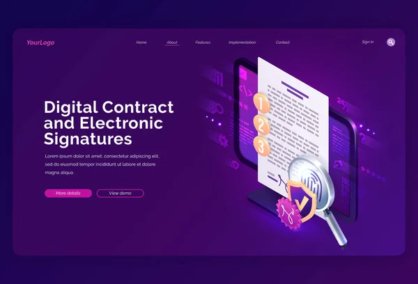 Aanlanding van digitale contracten en elektronische handtekeningen — Stockvector
