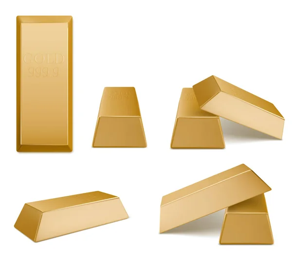 Barras de oro, vectores de ladrillos dorados, metales preciosos — Vector de stock