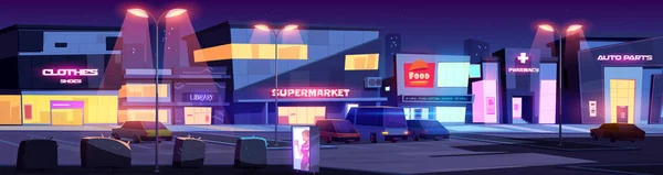Strada cittadina con negozi e parcheggio notturno — Vettoriale Stock