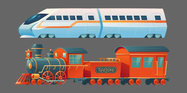 Старые и современные поезда, железнодорожный пригородный транспорт — стоковый вектор