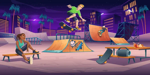 Les adolescents au skate park de nuit les adolescents sur rollerdrome — Image vectorielle