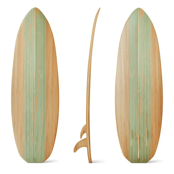 Vista frontal, lateral y trasera de tabla de surf de madera — Vector de stock