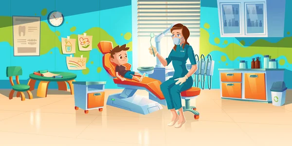 Pasien anak di kantor dokter gigi atau klinik gigi - Stok Vektor