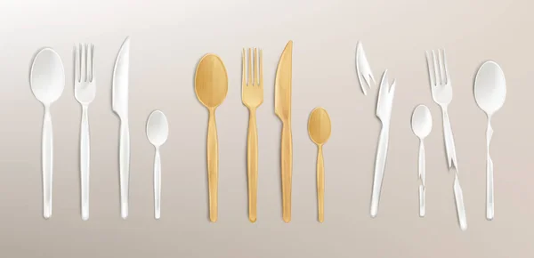 3d cutlery wood and broken plastic realistic set — Stock Vector