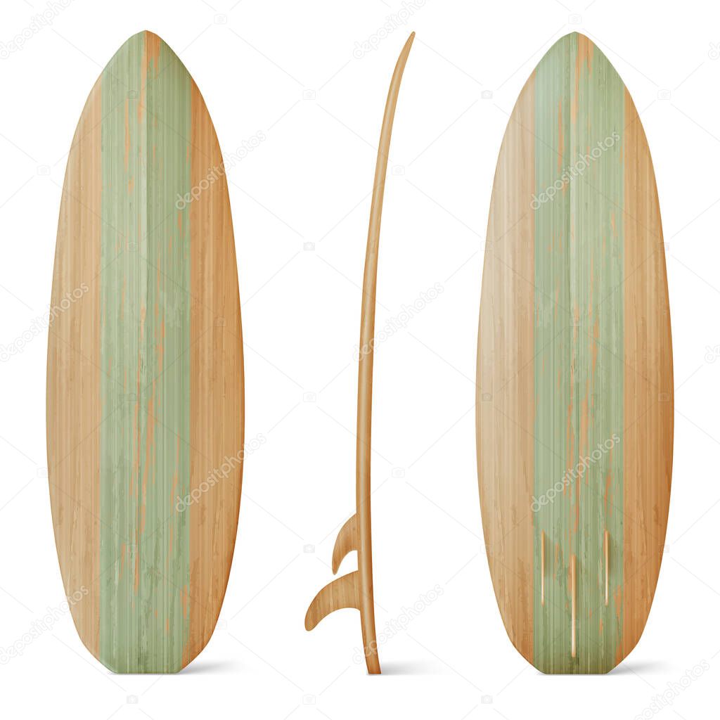 Wooden surfboard front, side and back view