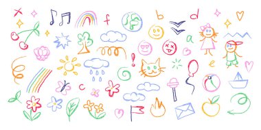 Renkli gökkuşağı ve çiçekler, kalpler ve yıldızlar, bulutlar ve hayvanlarla dolu çocuk okulu karalamaları. Kelebek gibi çocukça çizimler ve sınıf dekorasyonu için meyveler, eğitici malzemeler.