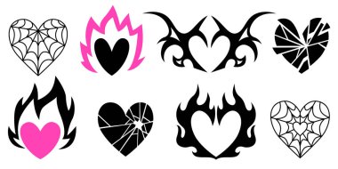 Kabile alevleri, kırık cam kalıpları ve keskin estetik için örümcek ağı detaylarıyla Y2k gotik kalp tasarımları. Pembe elementler, beyaz üzerine siyah siluetler. Dövmeler ve çıkartmalar için Emo punk sembolleri.