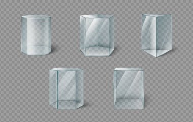 Sergi tasarımları için şeffaf silindirik, altıgen ve dikdörtgen vitrinli cam kutu müze vitrinleri. Objeler ve koleksiyonlar için açık vitrinler. Modern galeri kaidesi