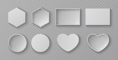 Üst görünümü olan gerçekçi bir maket kutusu - altıgen, dikdörtgen ve dairesel paketleme tasarımları için konteynırlar. Beyaz karton kalp ve gölgeli yuvarlak kapaklar. Hediye paketleri için boş şablonlar.