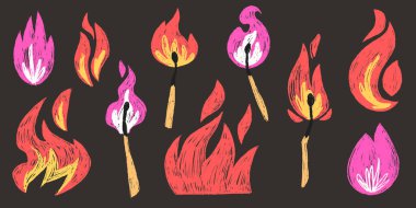 Duvar yazısı desenli ve alev desenli stilize ateş elementleri - yanan kibrit, koyu arkaplanda pembe ve turuncu alevler. Kentsel sanat projesi veya kenar grafik kompozisyonu için el çizimi çizimleri