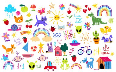 Eğlenceli çocuk gökkuşağı okulu karalamaları renkli hayvanlar, meyveler ve eğitici malzemeler ya da çocuk dekoru için neşeli güneş. El çizimi kedi, bisikletli dinozor ve çocuk çıkartmaları için gülen surat.