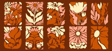 Çizgi diziliminde, botanik panellerle birlikte geriye dönük, modaya uygun yapraklar - sıcak çiçek siluetleri. 70 'ler klasik duvar kağıdı veya dekoratif tekstil tasarımları için doğa grafiklerinden esinlenmiştir..