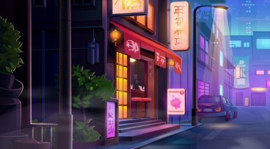 Şehir merkezinde geceleri neon ışıkları ve Asya restoranının girişi olan bir çizgi film. Parlak vitrinli, park edilmiş arabalı ve renkli ışıklandırmalı bir şehir manzarası. Oyun tasarımı için şehir mahallesi.
