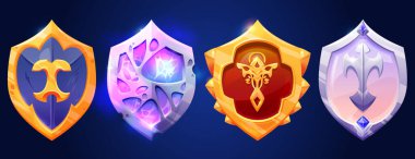 Sihirli amblemleri ve parıldayan efektleri olan ortaçağ kalkanı. Şövalyeler ve savaşçılar için altın, gümüş ve mistik tasarımlar. RPG oyun arayüzü varlıkları sembollü fantezi savunma ekipmanları