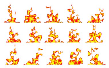 Hareket sahneleri için turuncu ve sarı alev şekilli dinamik ateş anime koleksiyonu ya da beyaz arka planda oyun efektleri. Manga patlama animasyonları ya da dramatik görsel kompozisyon için yanma desenleri