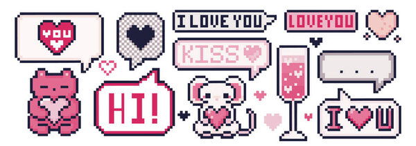 Коллекция Retro 8 bit с сердечками, романтическими посланиями и милыми животными - говорящими пузырями с плюшевым медведем и мышью, любовным текстом для украшения. Розовые иконки и приветственные элементы.