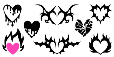 Eriyen siyah siluetleri, kabile kanatları ve alternatif tasarım için alevleri olan Y2k gotik kalp koleksiyonu. Kırık geometrik şekil, damlayan boya ve pembe aksanlar. Emo punk estetik simgeleri ayarlandı