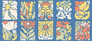 Botanik panellerle birlikte geriye dönük, modaya uygun yapraklar. Şebeke düzeninde renkli çiçek siluetleri. 70 'ler klasik duvar kağıdı veya dekoratif tekstil tasarımları için doğa grafiklerinden esinlenmiştir..