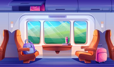 Turuncu koltukları, çantaları ve yolcu taşıması için pencereleri olan çizgi film trenleri - rahat sandalyeleri, bavulları, masası ve manzarası olan demiryolu kabini. Modern araba ya da metro tasarımı.