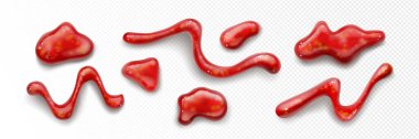 Gıda tasarımı için ketçap sosu koleksiyonu - parlak kırmızı sıvı şekiller, dalgalı akıntılar ve kabarcık desenleri - gerçekçi sos sıçramaları. Paketleme ya da mutfak tasarımı için domates üst elementleri.