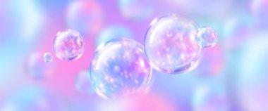 Rüya gibi estetik tasarım için Pastel gradyan arka planda süzülen yanardöner küreleri olan ruhani ışıltılı baloncuk bg. Güzellik grafikleri için pembe ve mavi parıltılı yarı saydam holografik küreler