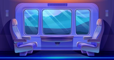 Geceleri rahat koltukları olan çizgi film treninin içi. Pencerelerinden dağ manzaralı modern demiryolu kabini. Karanlık Yolcu Taşımacılık Tasarımı vagon ya da vagon kompartımanında.