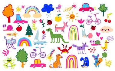 Çocuk gökkuşağı okul eşyalarıyla dolu eğlenceli karalama seti. Renkli hayvanlar, ağaçlar, arabalar ve bulutlu güneş. Çocuk odası ya da eğitim malzemeleri için bisiklet ve neşeli karakterler.