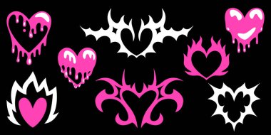 Eriyen neon siluetleri, kabile kanatları ve alternatif tasarım için alevleri olan Y2k gotik kalp koleksiyonu. Geometrik şekil, damlayan boya etkisi ve pembe asit aksanları. Emo punk estetik simgeleri ayarlandı